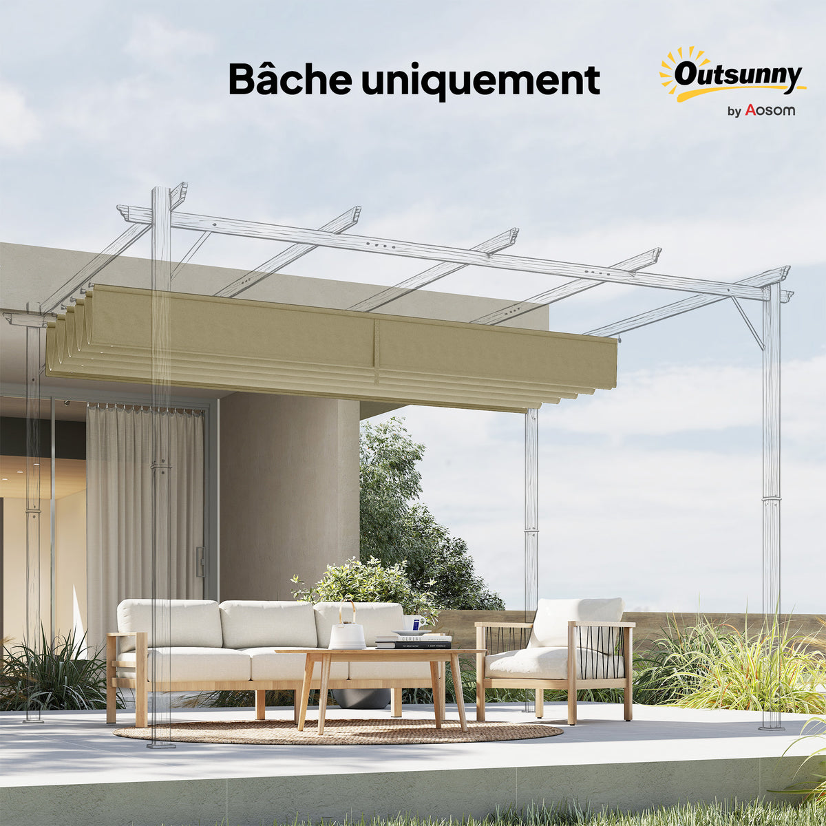 Toile de toit pour pergola tonnelle rétractable de 4 x 3 m - toile uniquement 350 x 260 cm beige-8