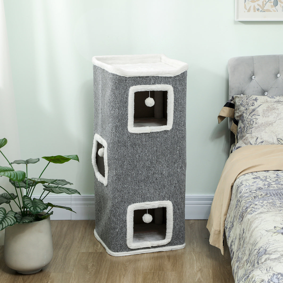 Tour pour chat 4 niveaux, arbre à chat stable boules de jeu plateforme supérieure bord en peluche, 41x 41 x 100 cm, gris-1