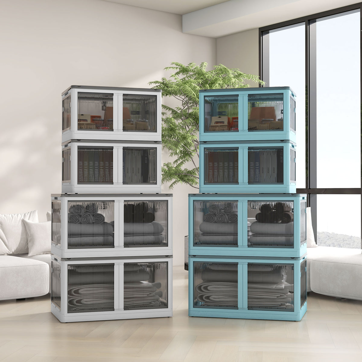 Boîtes de rangement pliables et empilables 69L en plastique avec couvercle et 4 roulettes, accès à 5 côtés, blanc-7