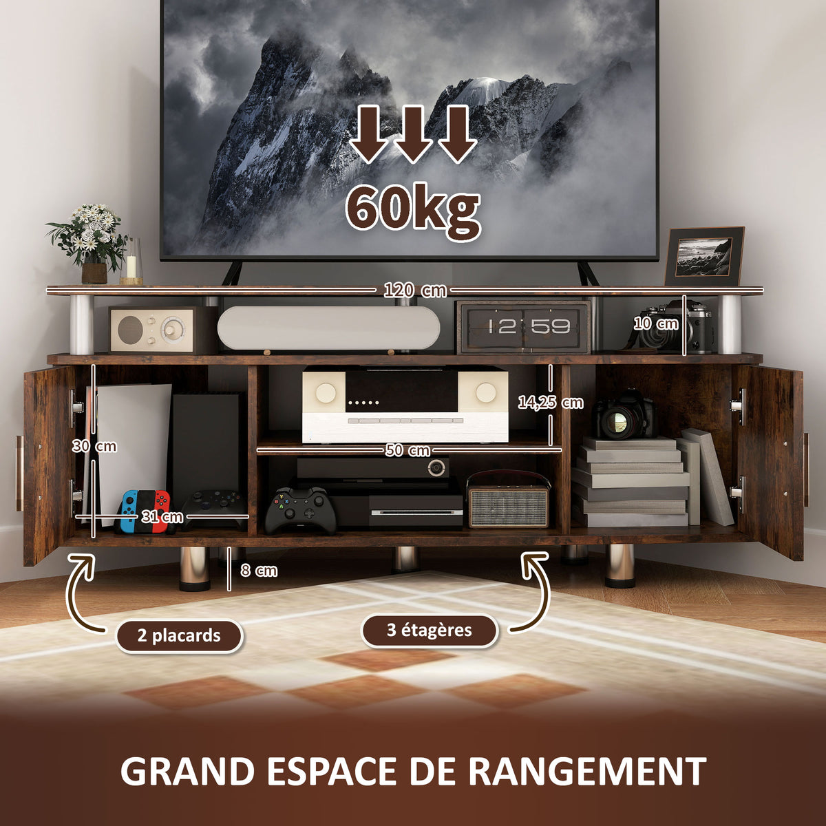 Meuble TV pour téléviseur jusqu'à 55 avec grand plateau, placards à portes et compartiment ouvert, marron-3
