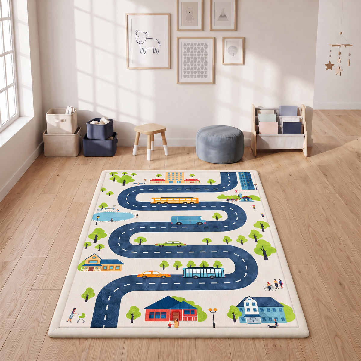 Tapis de Jeu pour Enfants Tapis de Chambre d'Enfant en Mousse Épaisseur 3 cm Motif Route Base Antidérapante 150x200cm-9