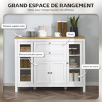 Buffet salon, meuble de rangement avec 1 placard double porte, 2 placards à porte vitrée, 2 tiroirs et étagère réglable, style moderne, buffet salle à manger et cuisine, 120x40x90cm, blanc-3