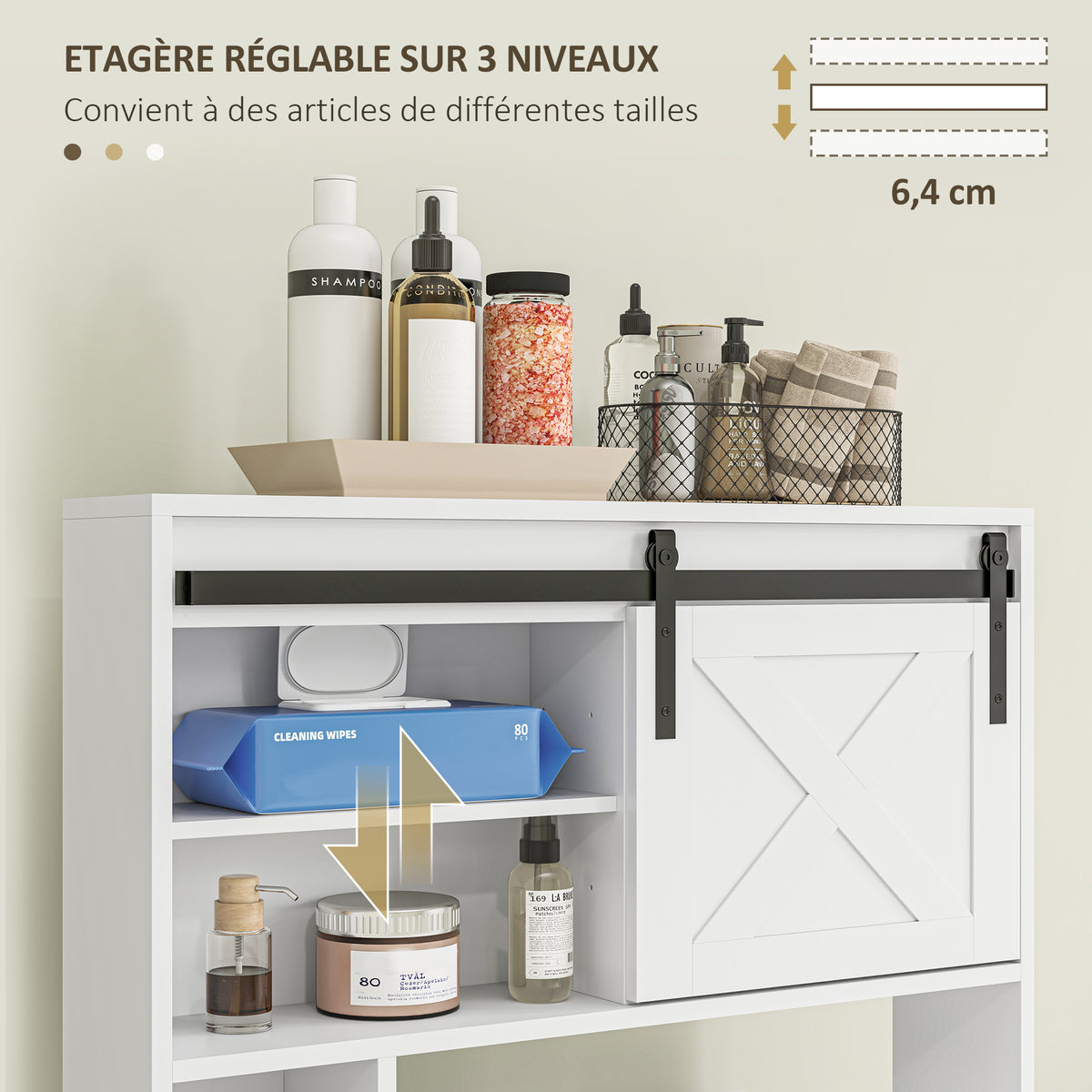 Meuble de rangement au-dessus des toilettes avec porte coulissante, Meuble étagère dessus WC, étagère réglable, blanc-5