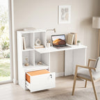 Bureau d'ordinateur avec bibliothèque 4 compartiments et tiroir verrouillable, 126 x 50 x 109 cm, grain de bois blanc-1