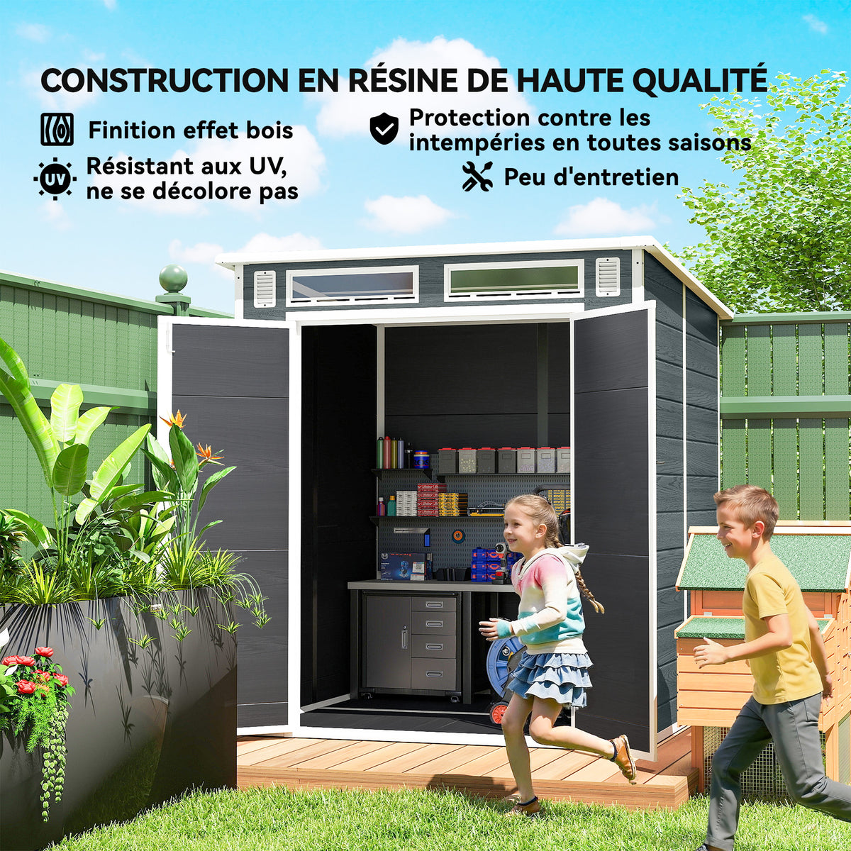 Abri de Jardin en Résine Cabanon de Rangement Double Porte 3 Fenêtres et 2 Aérations Anti-UV avec Plancher 3,3 m² Gris-7