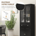 Buffet haut armoire de cuisine 4 portes dont 2 portes vitrées et 1 tiroir hauteur 160 cm avec étagères en bois noir-5