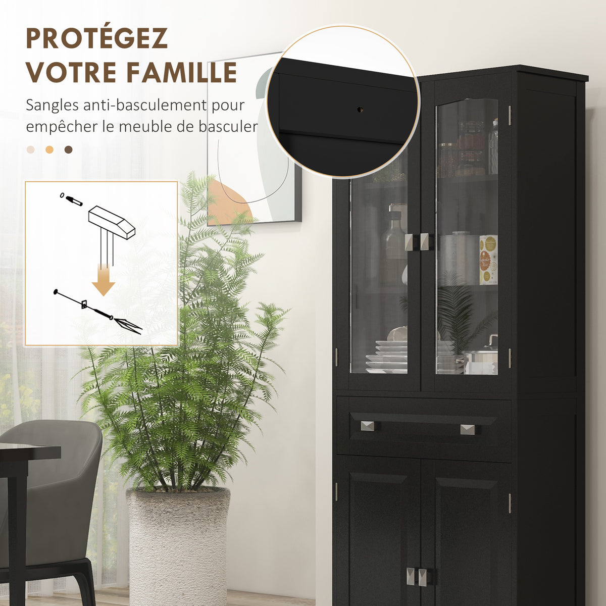 Buffet haut armoire de cuisine 4 portes dont 2 portes vitrées et 1 tiroir hauteur 160 cm avec étagères en bois noir-5