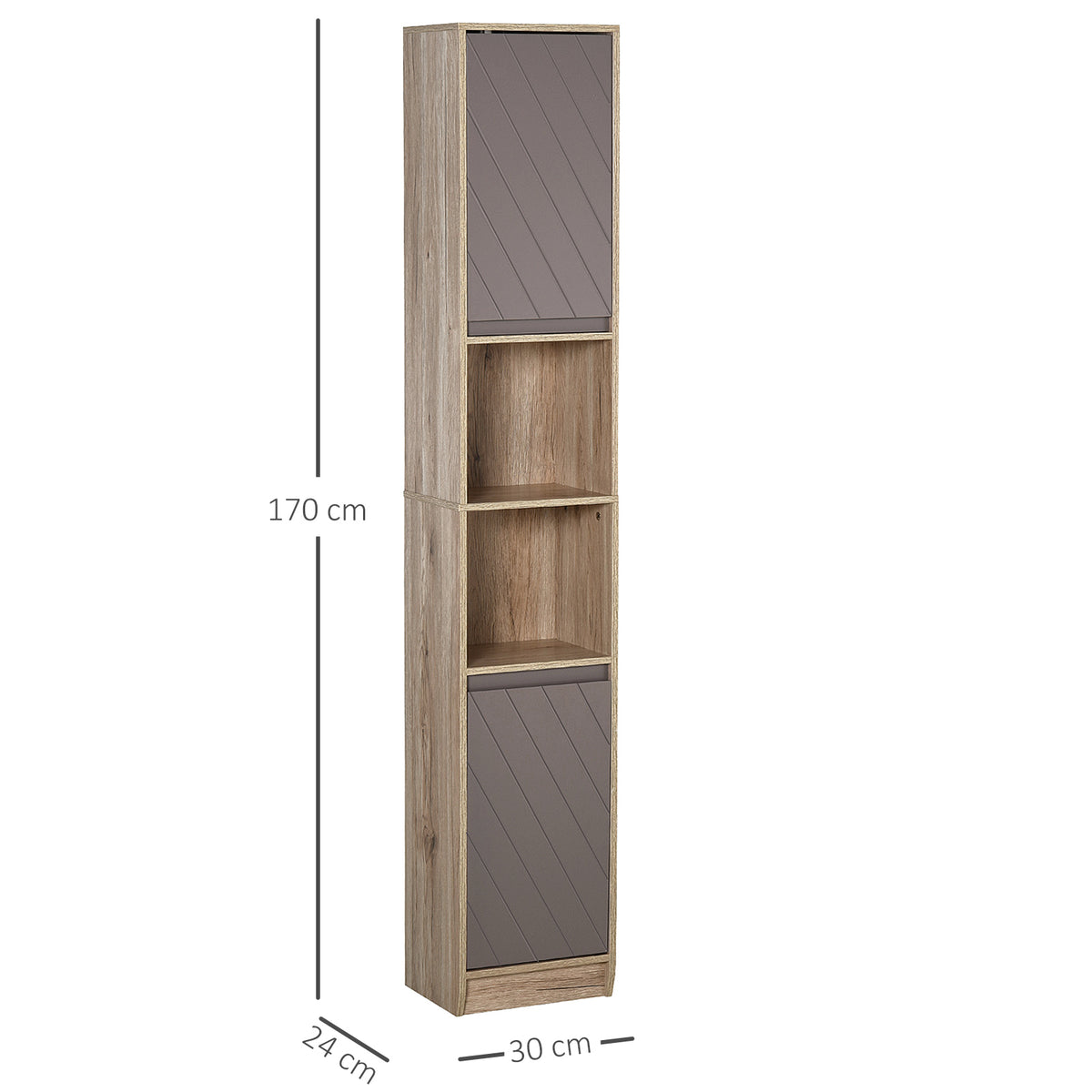 Meuble colonne salle de bain à 6 niveaux, meuble de rangement étroit avec 2 portes, 2 compartiments ouverts et étagère réglable, pour toilette, petits espaces, 30 x 24 x 170 cm gris et chêne-2