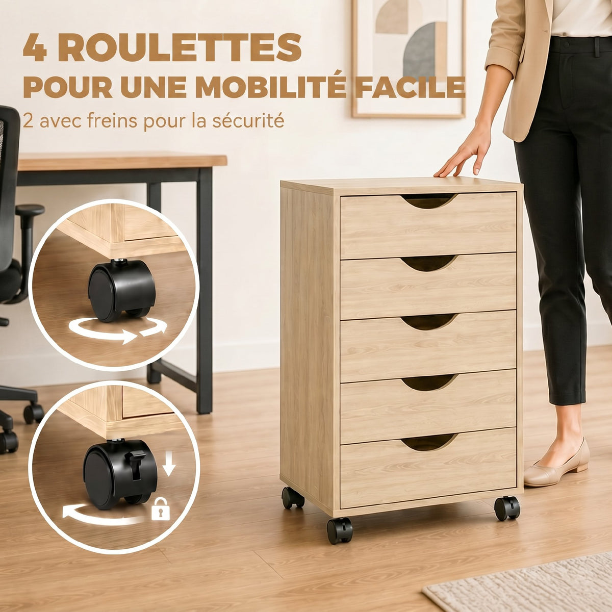 Caisson bureau mobile, meuble rangement sur roulettes avec 5 tiroirs, bois, 40 x 40 x 68,5 cm, chêne-4