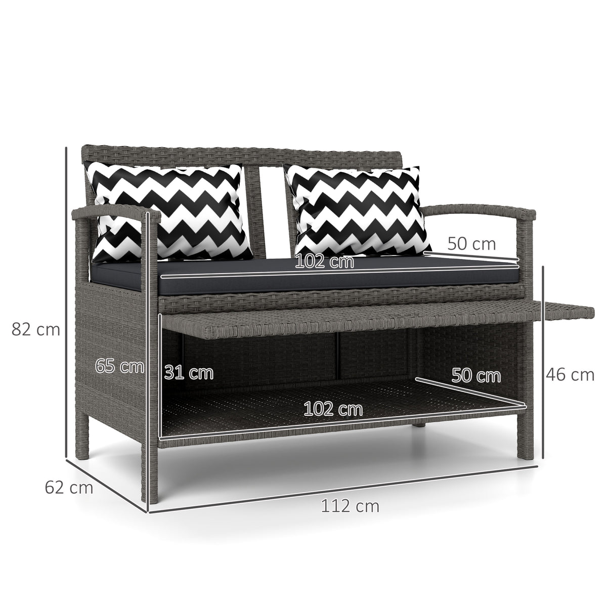 Banc extérieur jardin 2 places banc de rangement 160L en rotin PE avec coussin 2 oreillers 112 x 62 x 82 cm gris-2