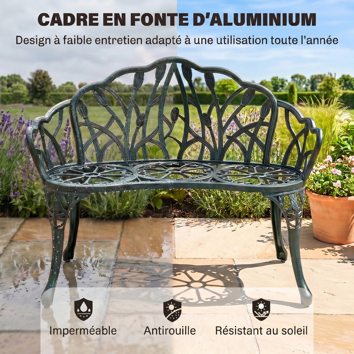 Banc de jardin en aluminium moulé, banc extérieur 2 places avec dossier tulipe, assise florale, 99x57x78cm, vert antique-4