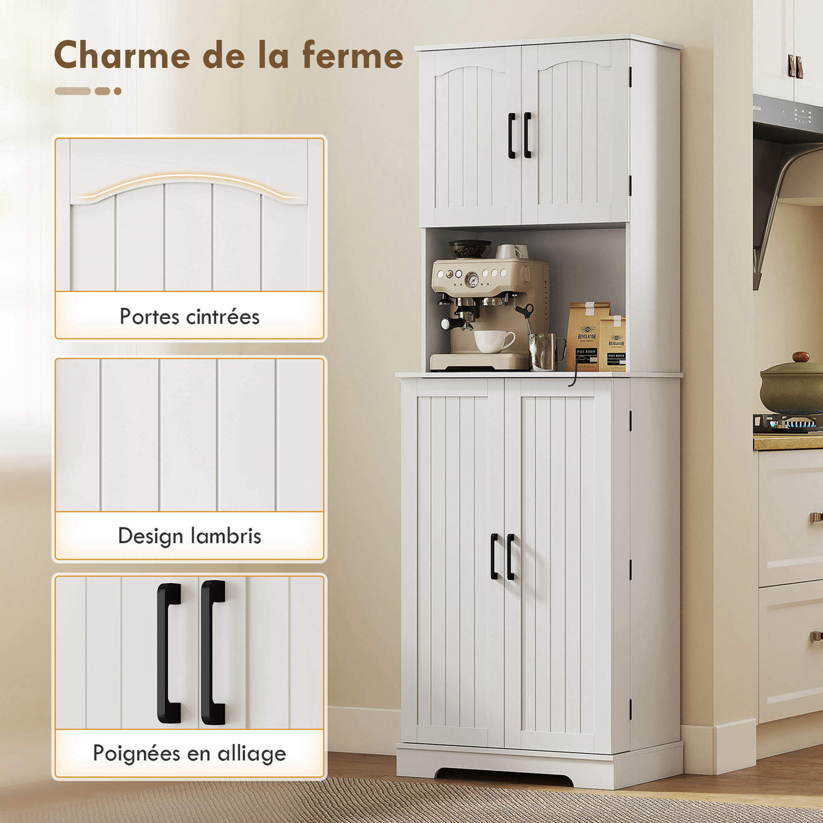 Buffet haut cuisine armoire de cuisine, 4 portes plan de travail 8 porte-épices étagères réglables 60x40x181,5cm blanc-5