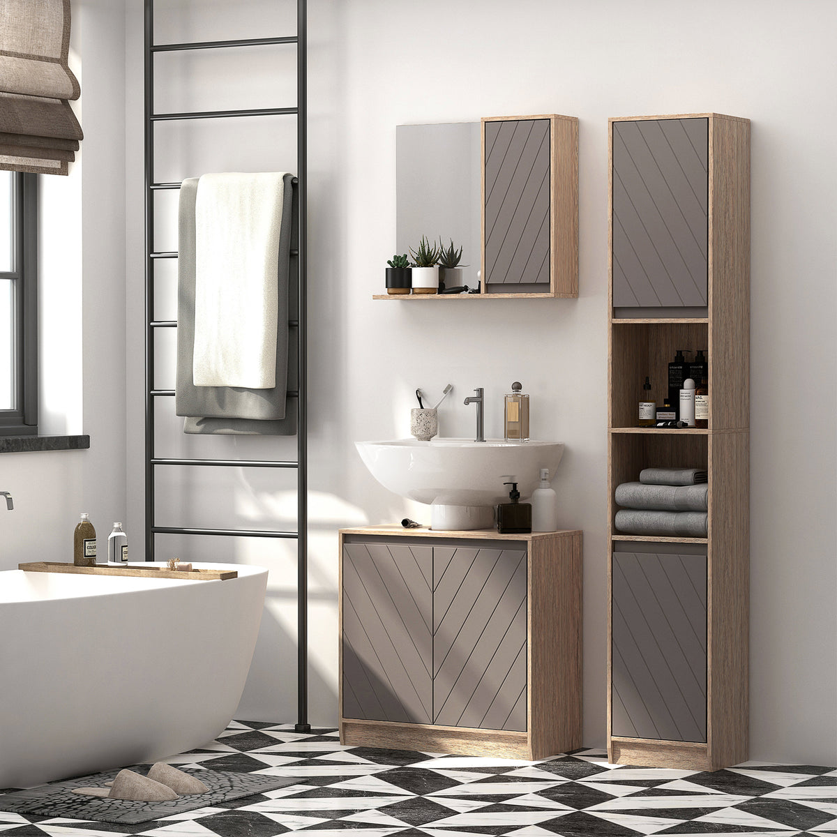 Ensemble de Meuble sous lavabo, armoire avec miroir et meuble colonne pour salle de bain en bois chêne Clair Gris-1