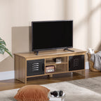 Meuble TV Banc TV 110 cm Design Industriel, avec 2 placards, 2 niches, 2 Passe-Fils, Aspect Bois veinage Portes métal Noir-9