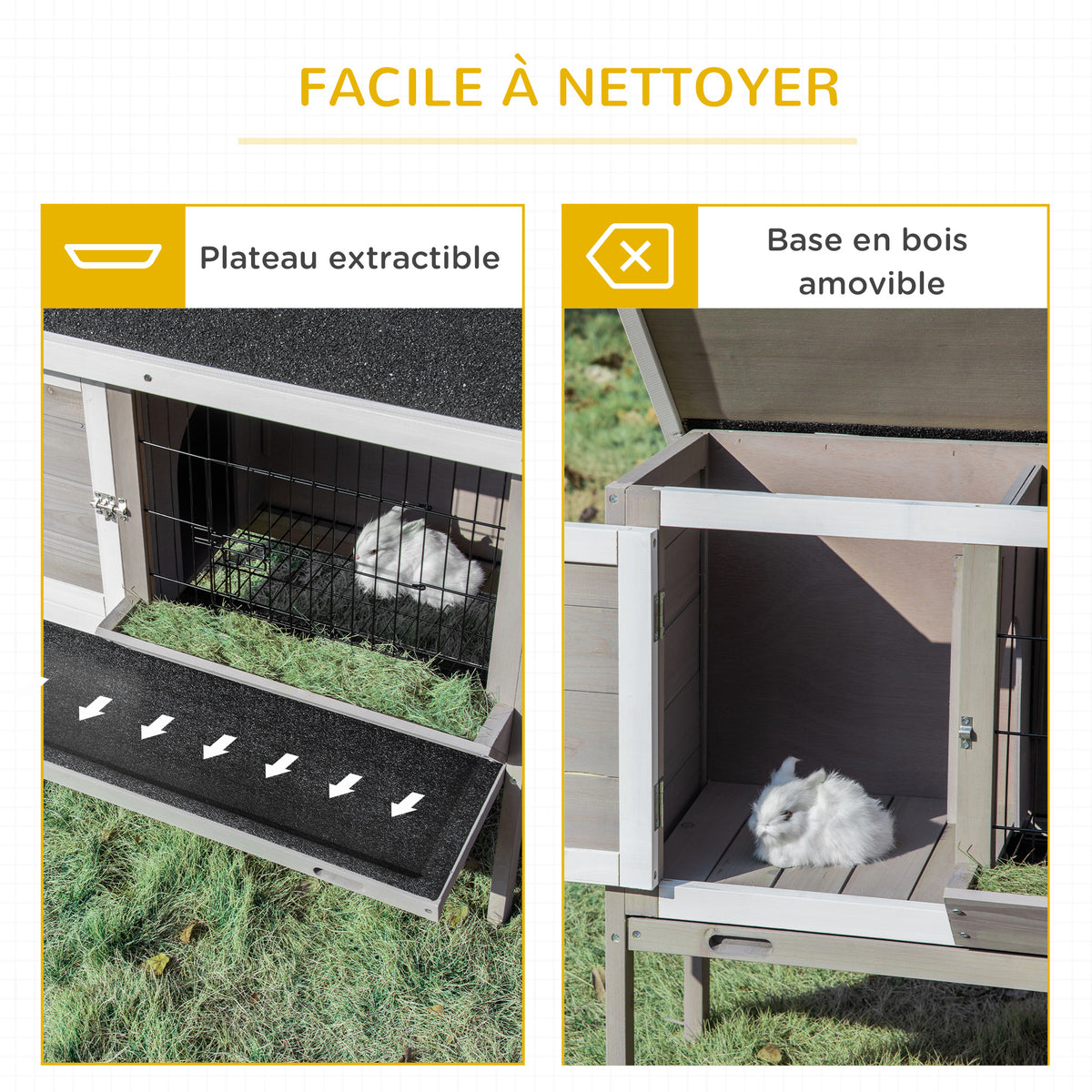 Clapier en bois pour lapin avec toit en asphalte mangeoire plateau amovible et 2 portes 91 x 46 x 71 cm gris-5
