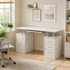 Bureau d'ordinateur, bureau informatique 120 x 55 cm avec plateau pour clavier, 3 tiroirs, pour chambre, domicile, blanc-1