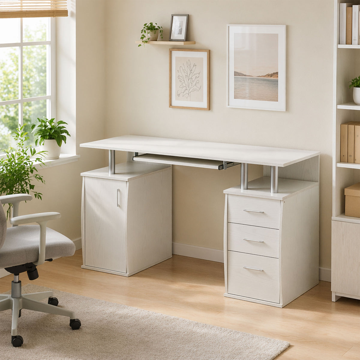 Bureau d'ordinateur, bureau informatique 120 x 55 cm avec plateau pour clavier, 3 tiroirs, pour chambre, domicile, blanc-1