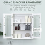 Armoire murale de salle de bain, meuble haut salle de bains avec 2 portes en verre, étagère réglable, 55x20x65cm, blanc-3