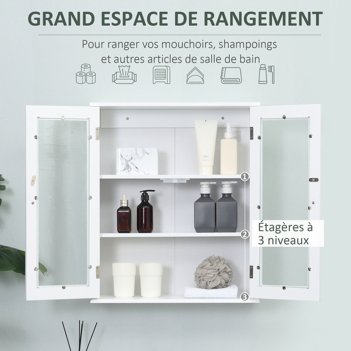 Armoire murale de salle de bain, meuble haut salle de bains avec 2 portes en verre, étagère réglable, 55x20x65cm, blanc-3