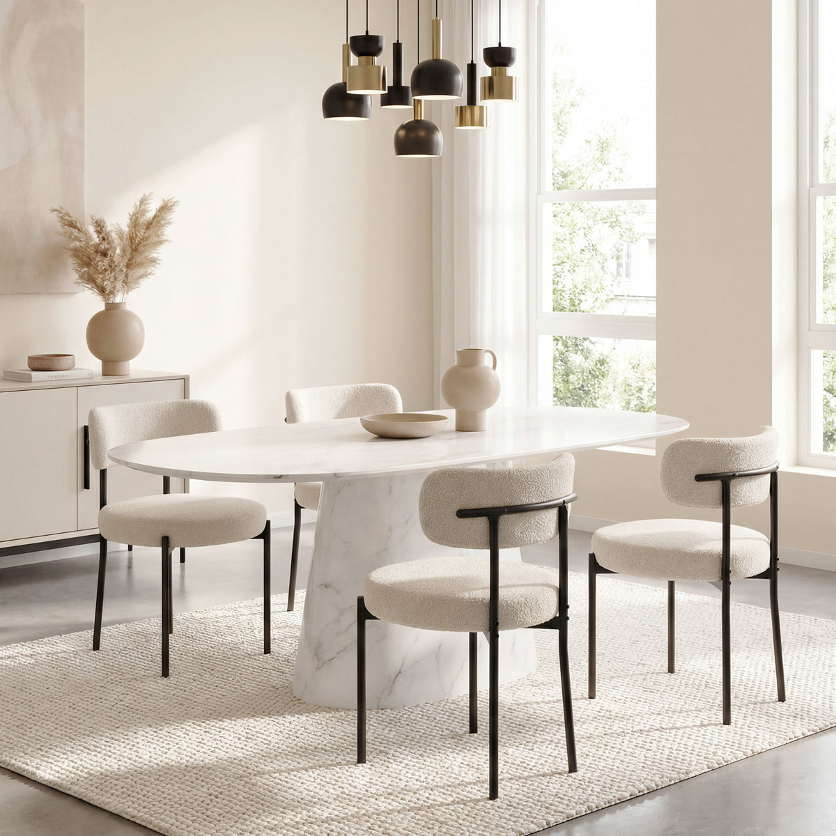 Lot de 4 Chaises Salle à Manger Chaises de Cuisine Rembourrées en Tissu Bouclette Dossier Incurvé Pieds en Acier Beige-6