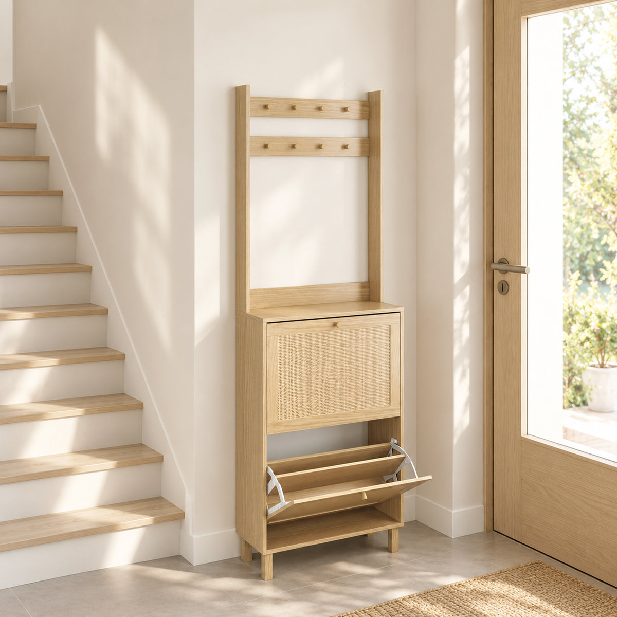Porte-Manteau 2 en 1, Meuble d'Entrée avec Meuble à Chaussures, Portes Effet Rotin et 8 Crochets, Bois Naturel-1