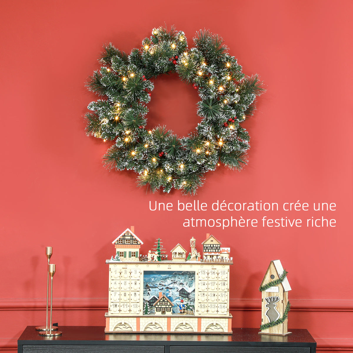 Couronne de Noël porte artificielle 60 CM avec pommes de pin et grappes de baies, lumières LED et minuterie vert-3