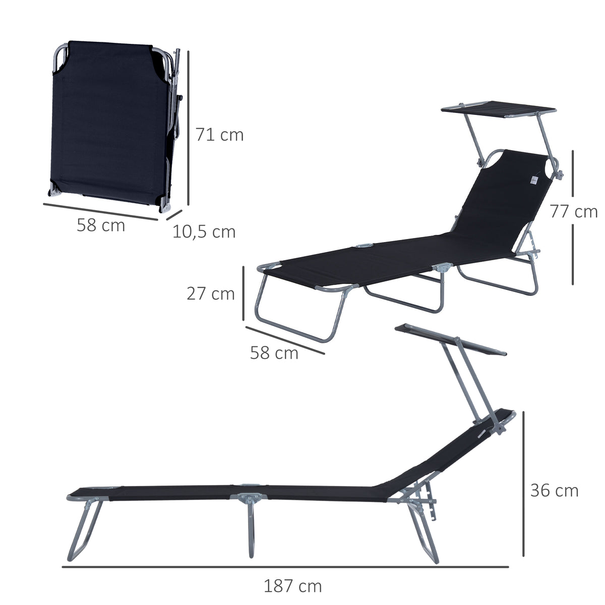 Lot de 2 transats Bain de Soleil Pliable Chaise Longue Pliante Grand Confort Dossier Inclinable Pare-Soleil réglable-2