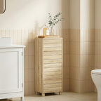 Meuble de Salle de Bain en Bois avec Étagère Réglable et Porte à Lamelles, Ouverture Pression, 34 x 23 x 84 cm, Naturel-1