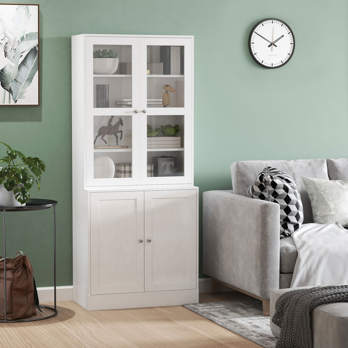 Bibliothèque Vitrine, Meuble de Rangement à 6 Niveaux avec 4 Portes dont 2 en Verre Trempé, Étagères Réglables, Style Moderne, pour Salon, Bureau, Chambre, 76 x 40 x 178,5 cm, Blanc-1