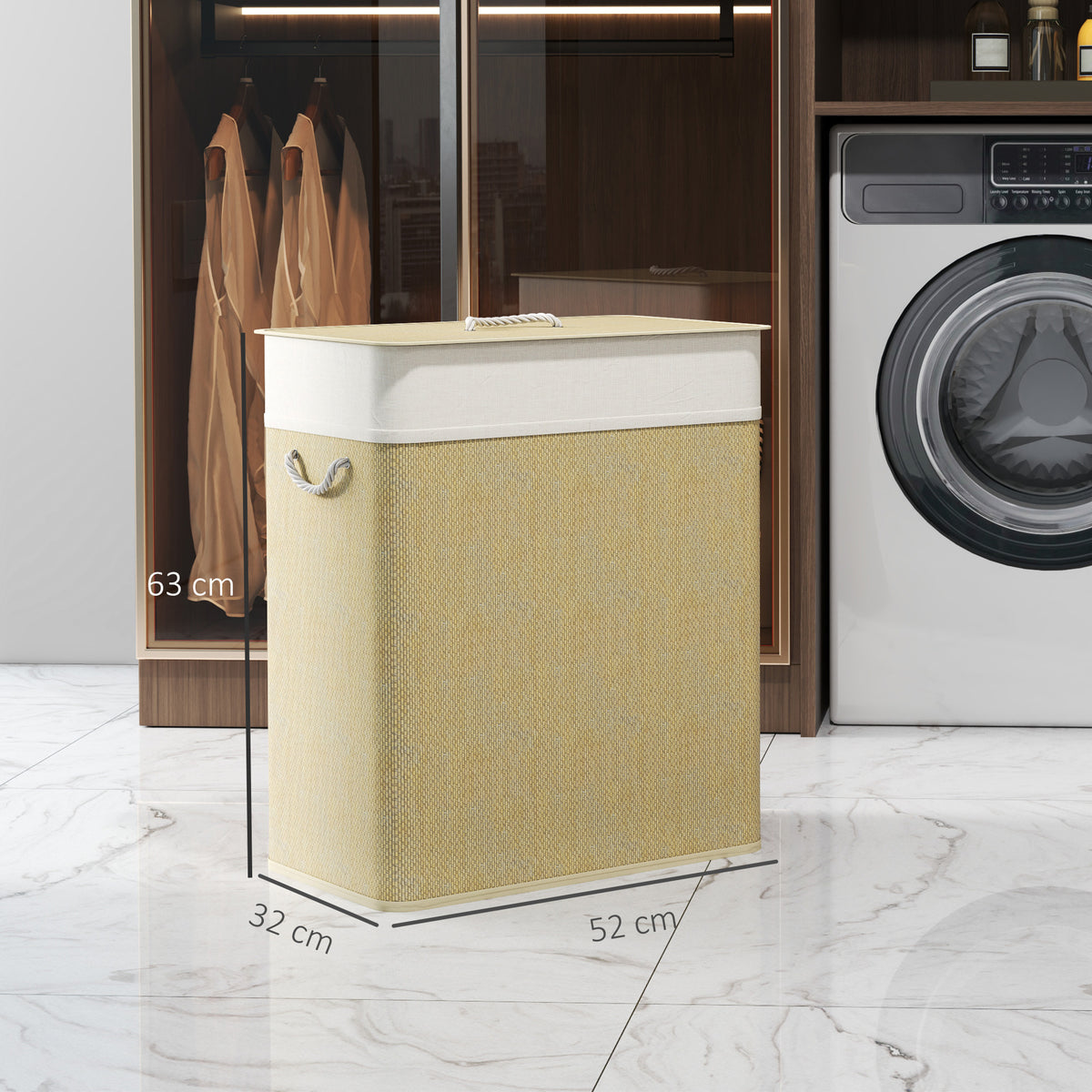 Panier à linge double avec couvercle, panier à linge en bambou 100 L avec poignées en corde-2