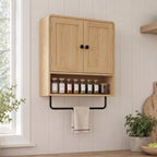 Armoire murale de salle de bain, meuble de rangement suspendu avec 2 portes, étagère ouverte, porte-serviettes, chêne-7