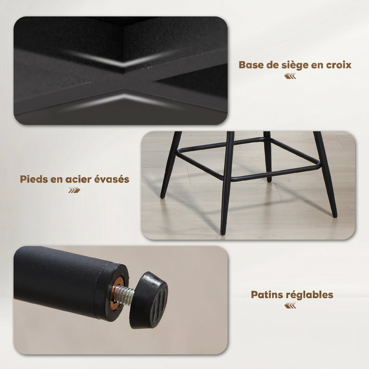 Lot de 2 tabourets de bar en tissu velours côtelé, chaises de bar avec dossier courbé, repose-pieds, 49x52x88cm, beige-5