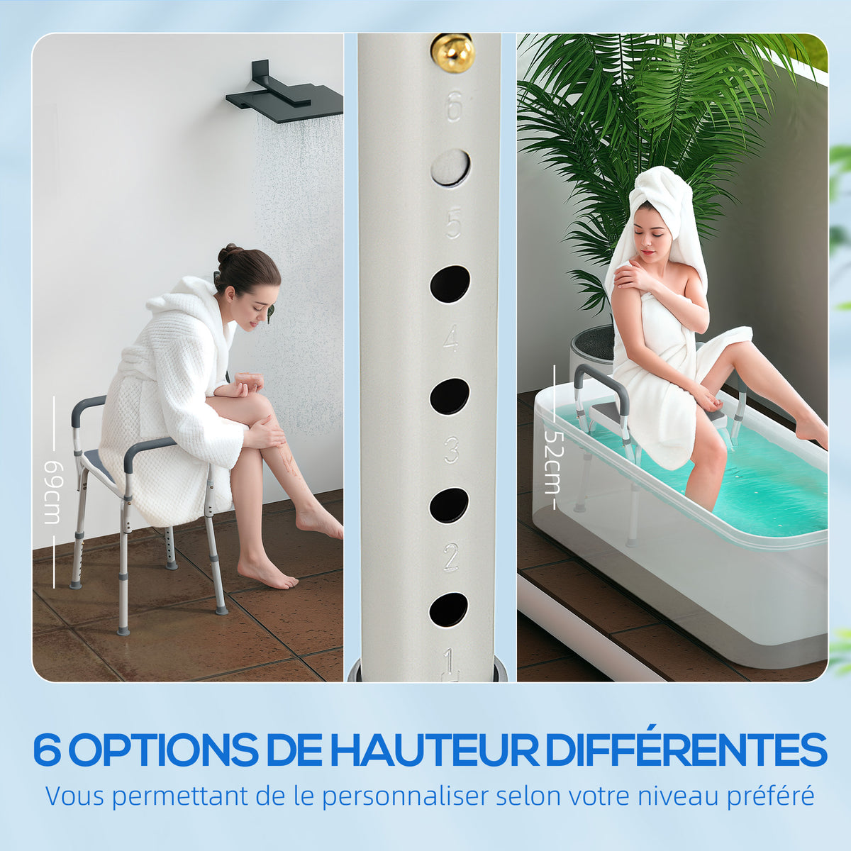 Tabouret de douche pour personnes âgées et handicapées avec accoudoirs, hauteur réglable, patins antidérapants, gris-3