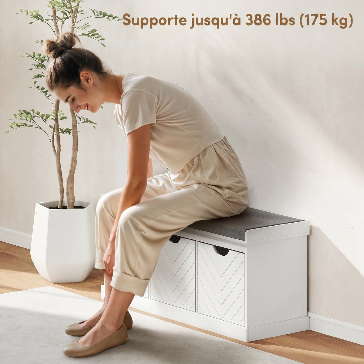 Banc chaussures entrée, banc de rangement avec 3 tiroirs amovibles et coussin rembourré en tissu aspect lin, blanc-5