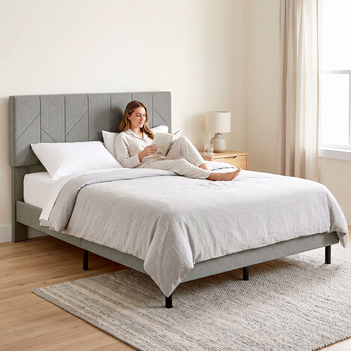 Cadre de Lit 140 x 190 cm avec Sommier et Tête Réglable, Lit Double Rembourré en Lin, Rangement au-dessous, Gris-8