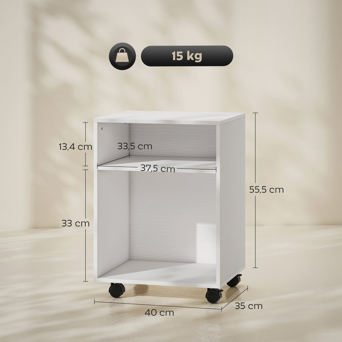 Support d'imprimante, meuble de rangement sur roulettes avec 2 étagères ouvertes, 40x35x55,5cm, blanc-2