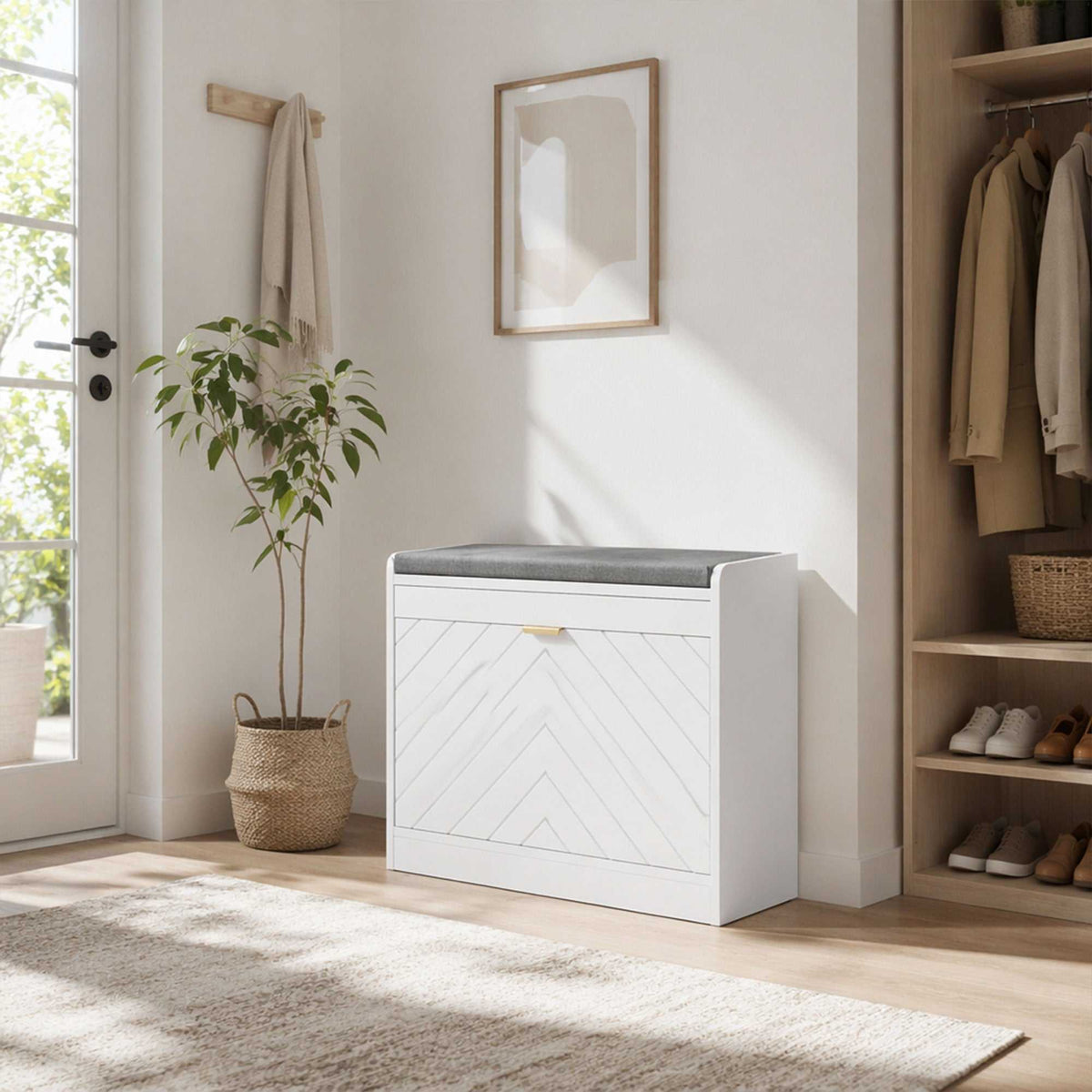 Banc à chaussures, banc de rangement, assise rembourrée, tiroir rabattable, porte avec motif 60 x 26 x 52,5 cm, blanc-1
