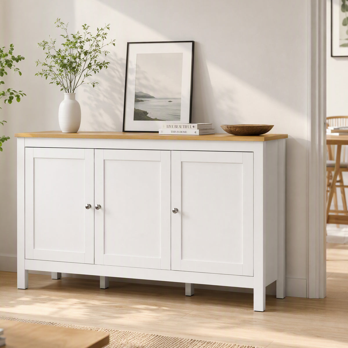 Buffet meuble de rangement avec 3 portes 2 étagères réglables plateau aspect bois clair 120 x 40 x 70 cm blanc-8