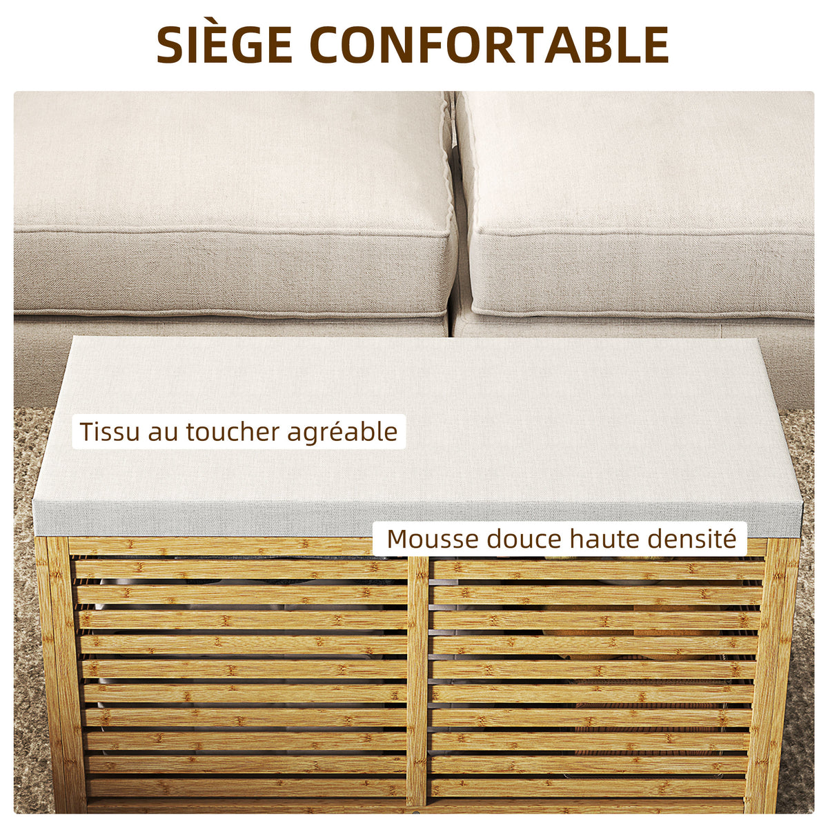 Banc de rangement, coffre de rangement rembourré en tissu aspect lin, couvercle et structure en bambou, gris et naturel-4