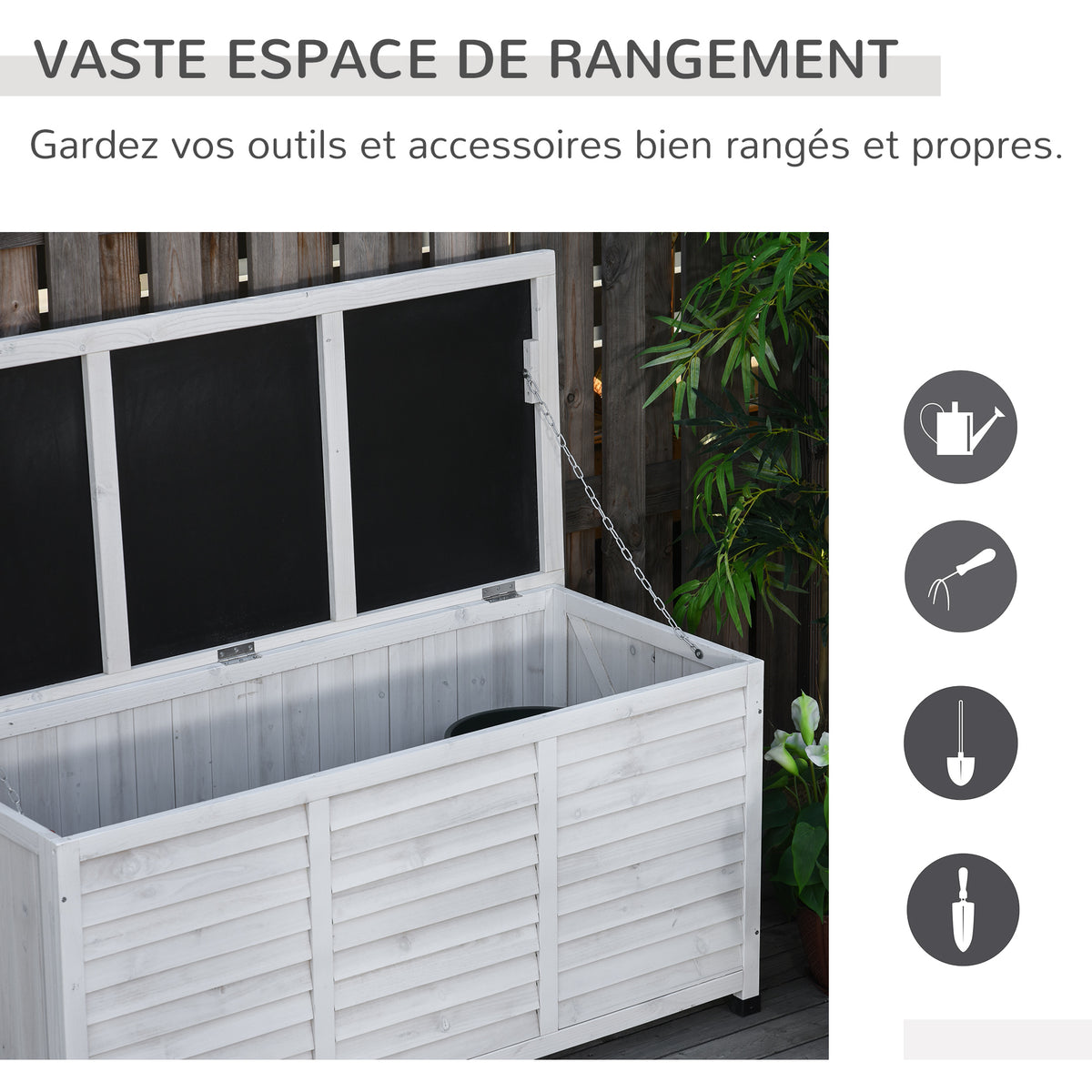 Coffre de rangement extérieur malle de rangement en bois 283L 2 chaînes 127 x 56 x 60 cm blanc-3