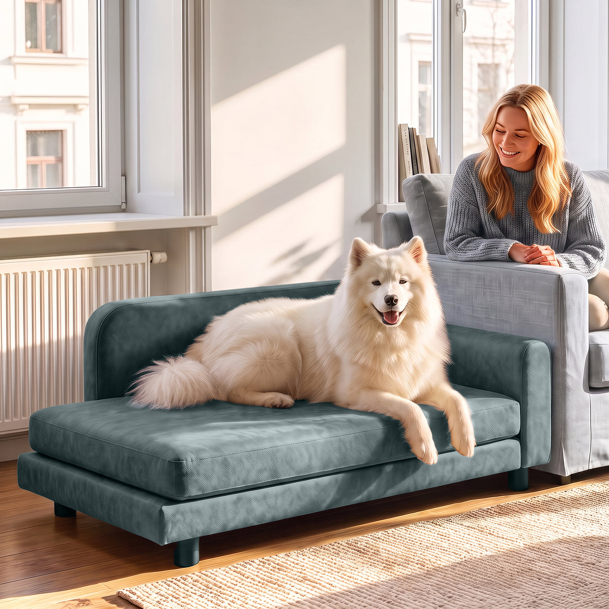 Canapé pour Chien Lit pour Chien Coussin Déhoussable Lavable Dossier Haut Accoudoirs Velours 101x66x34,5cm Gris-9