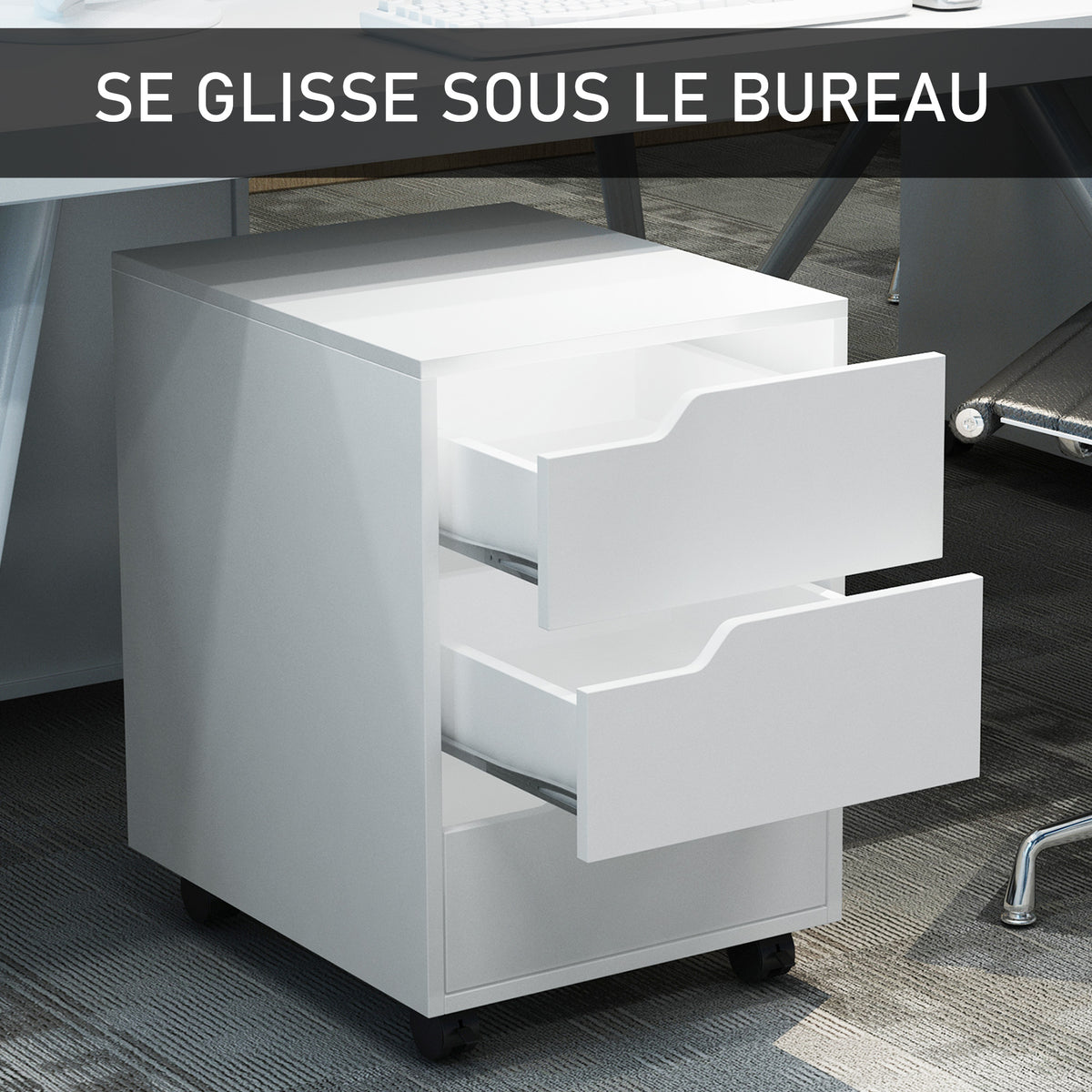 Caisson bureau mobile avec 3 tiroirs, meuble rangement bureau sur roulettes pour documents et imprimante, caisson de rangement compact pour travail ou chambre, 40x50x57,5cm, blanc-4