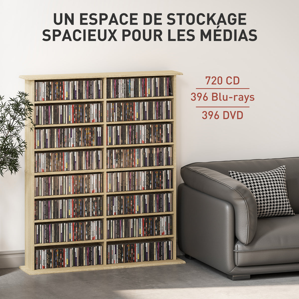 Rangements pour CD et DVD avec 16 compartiments et 12 étagères réglables capacité max. 720 CD/396 DVD et Blu-ray naturel-3