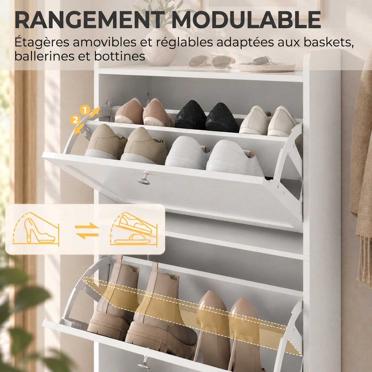 Meuble à Chaussures 15 Paires, Armoire à Chaussures avec 3 Tiroirs, Étagères Réglables et Plateau Supérieur, Blanc-3