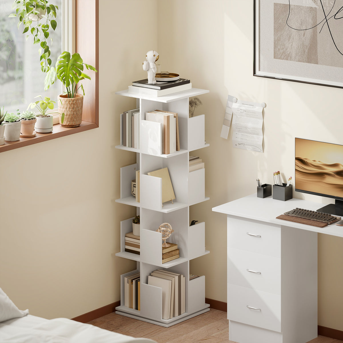 Bibliothèque rotative à 4 niveaux, étagère rangement avec 16 compartiments, 39 x 39 x 128,3 cm, blanc-7