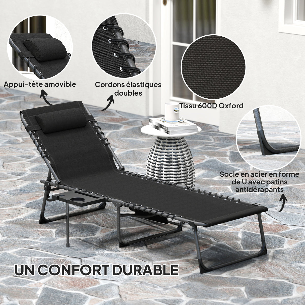 Bain de soleil pliante dossier réglable sur 5 niveaux, plateau, appuie-tête, poche latérale 60 x 190 x 31 cm, noir-4