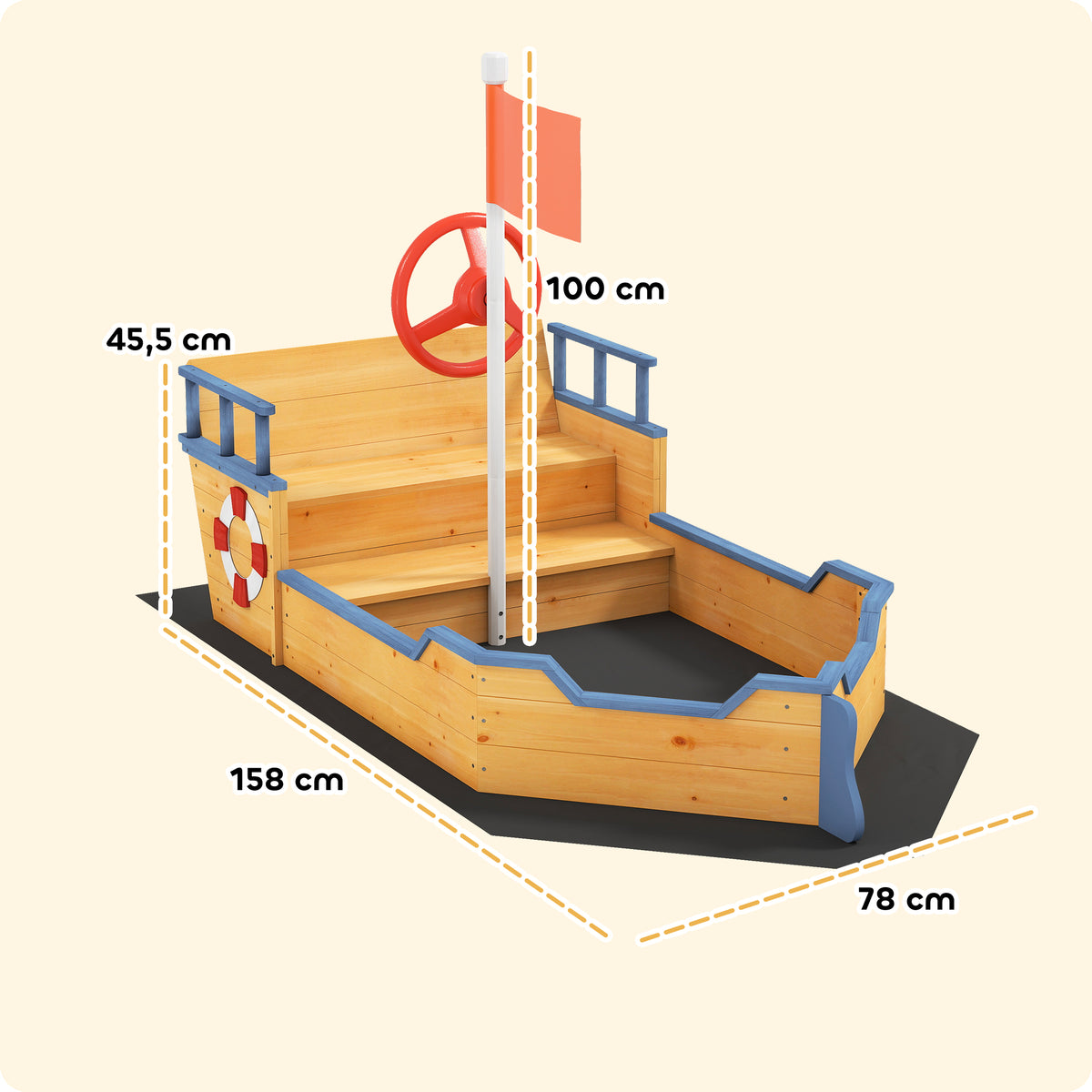 Bac à sable forme de bateau pirate boîte à sable pour enfant gouvernail drapeau rouge 2 marches et espace de rangement-2
