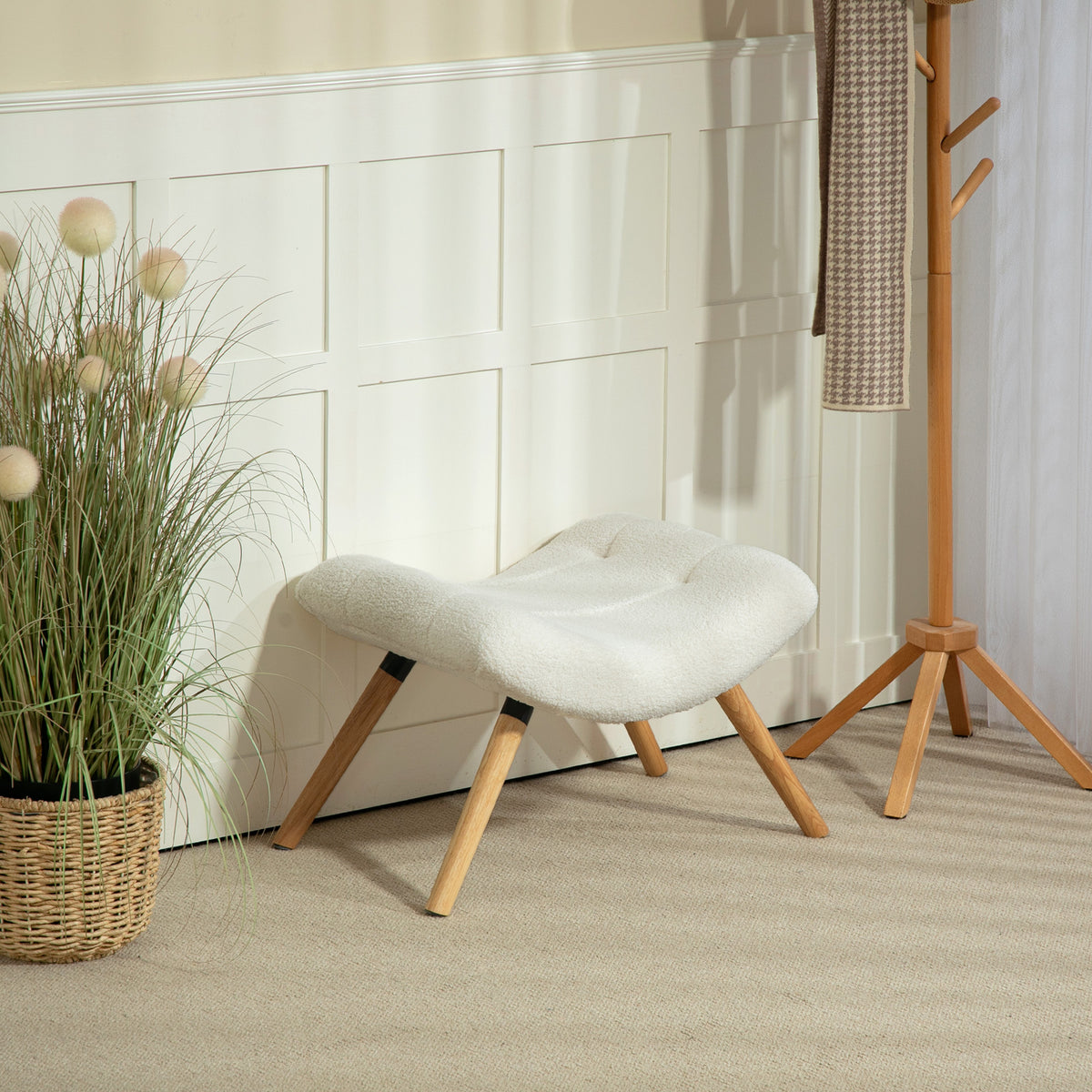 Repose pied salon ottoman pouf salon tabouret de canapé en tissu avec pieds en bois d'hévéa, siège rembourré, crème-1