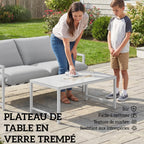 Salon de Jardin Extérieur 2 Pièces, Canapé avec Coussins, Table Basse en Verre Trempé Marbré 3D, 125x80x64cm, Gris Clair-6