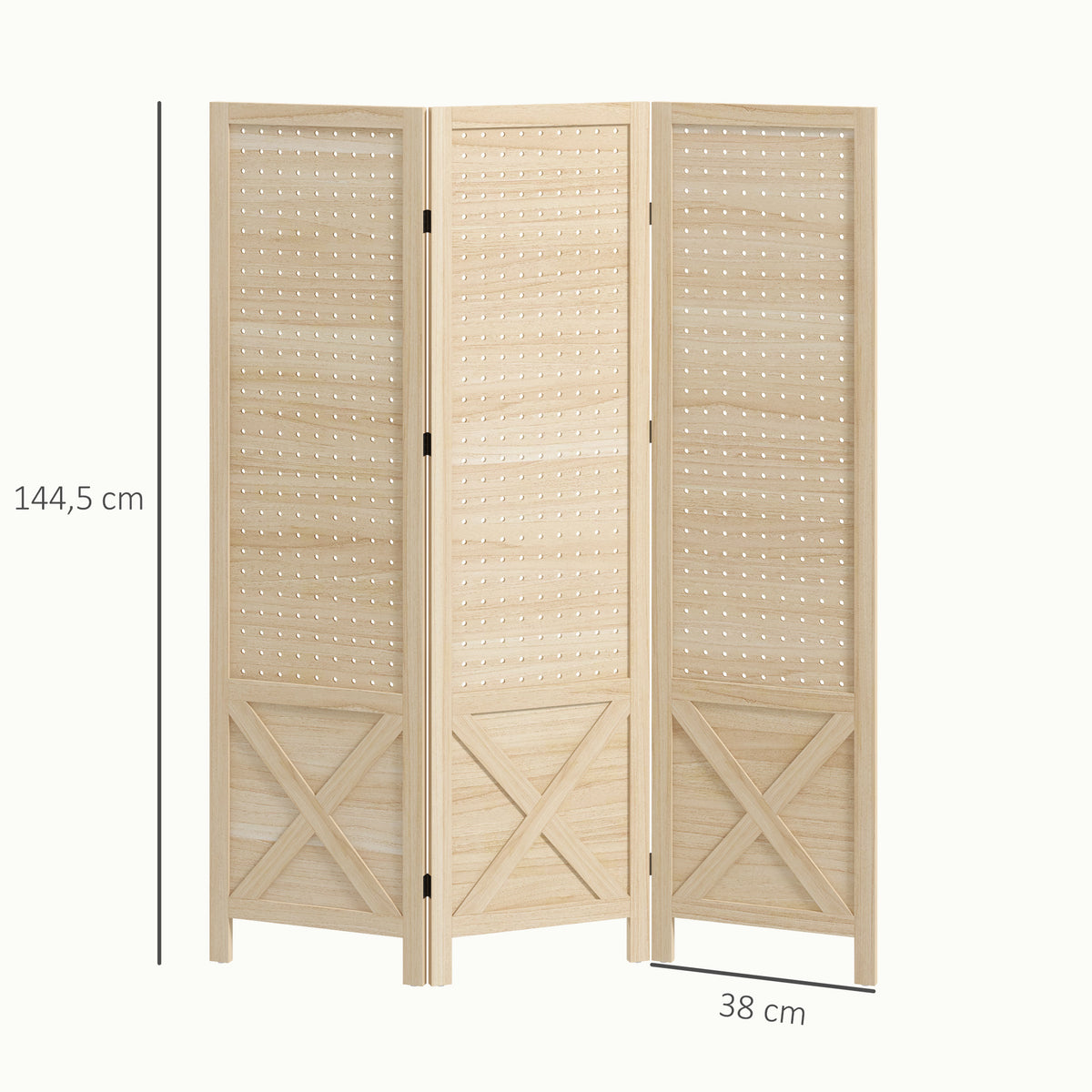 Paravent intérieur en bois 3 panneaux séparateur de pièce pliable panneau perforé 114 x 1,7 x 144,5 cm bois naturel-2